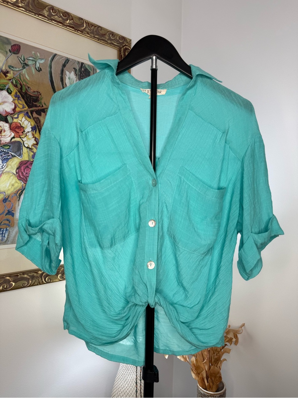 Lily Star Turquoise Sheer Woven Collared Button-Up Roll Tab Short Slv